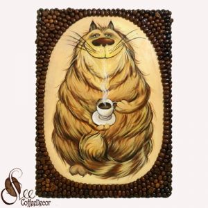 Картина маслом "Кофейный кот" декорированная кофейными зёрнами