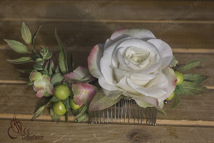Гребень с цветами из фоамирана зефирный шелковый фоамиран роза гортензия гиперикум мастер-класс